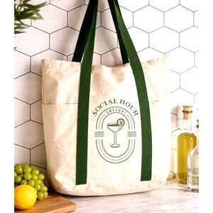 Canvas Market Tote Bag Social Hour Cheers Graphic Reusable Grocery Bag Green